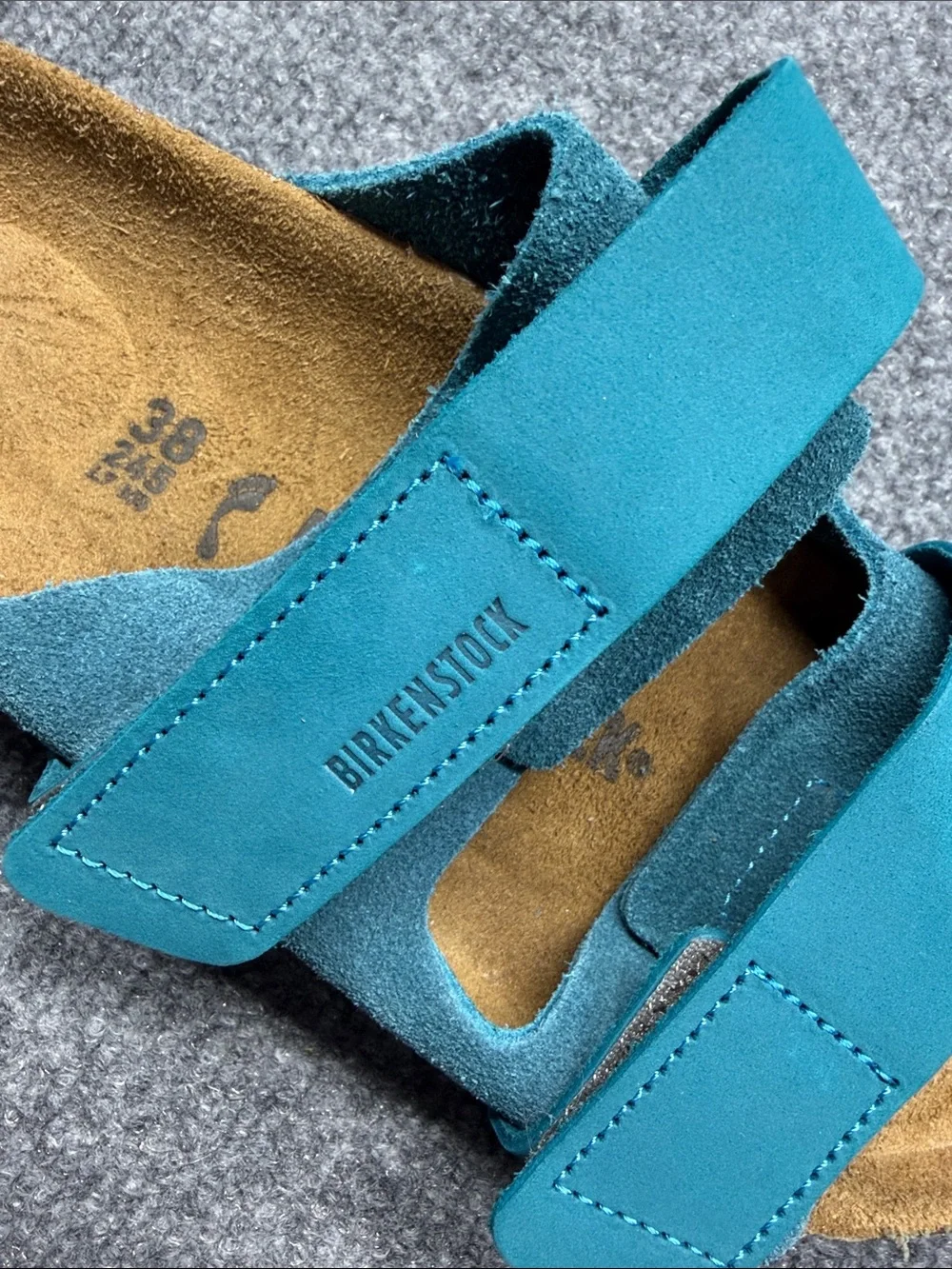 Birkenstock  Double-Strap Nubuck-Suede Deep Turquoise Leather Slide Sandals